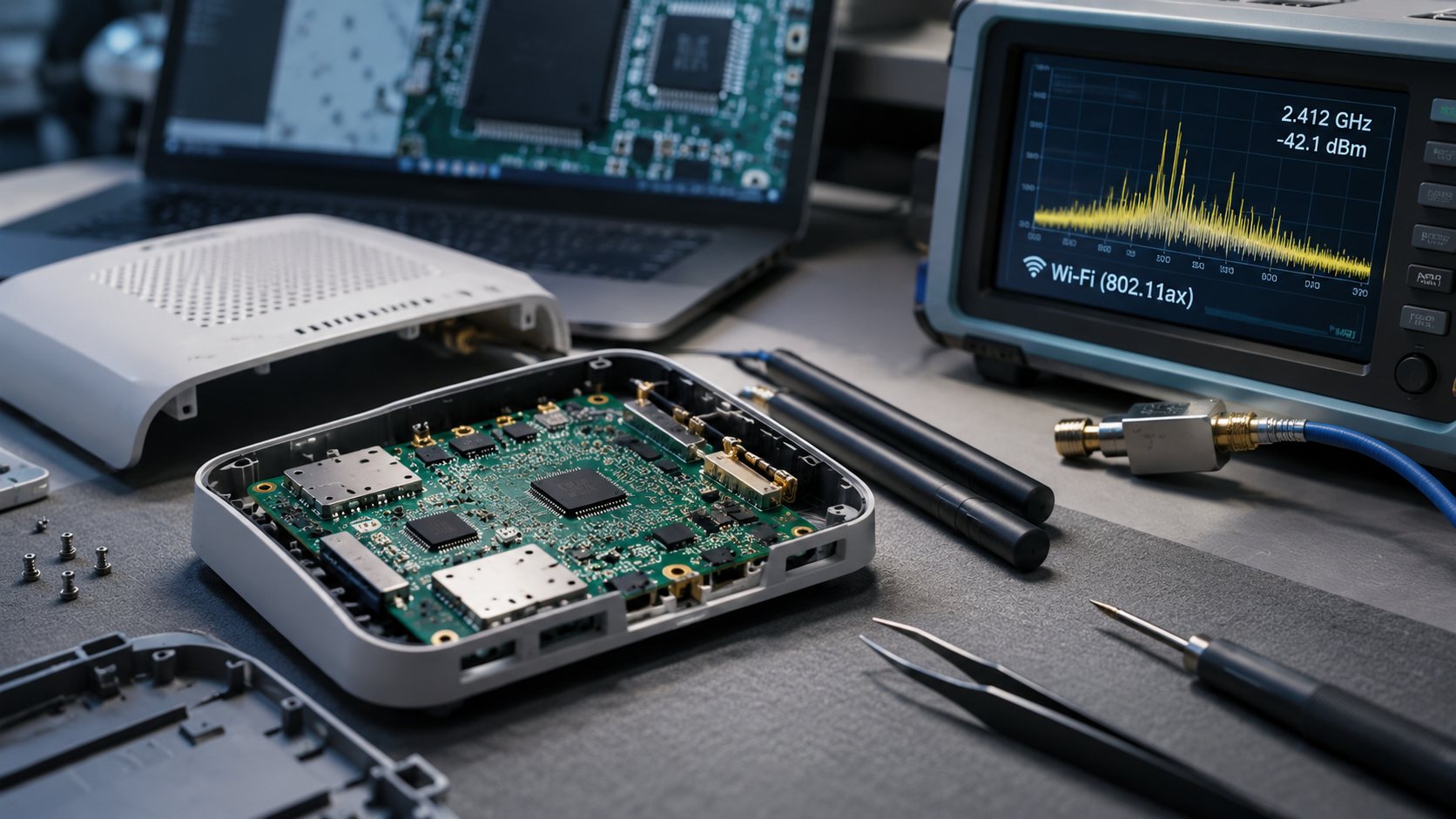 Teardown bench: an opened Wi-Fi router with its circuit board exposed, a spectrum analyser showing a Wi-Fi 802.11ax capture, and RF test cabling